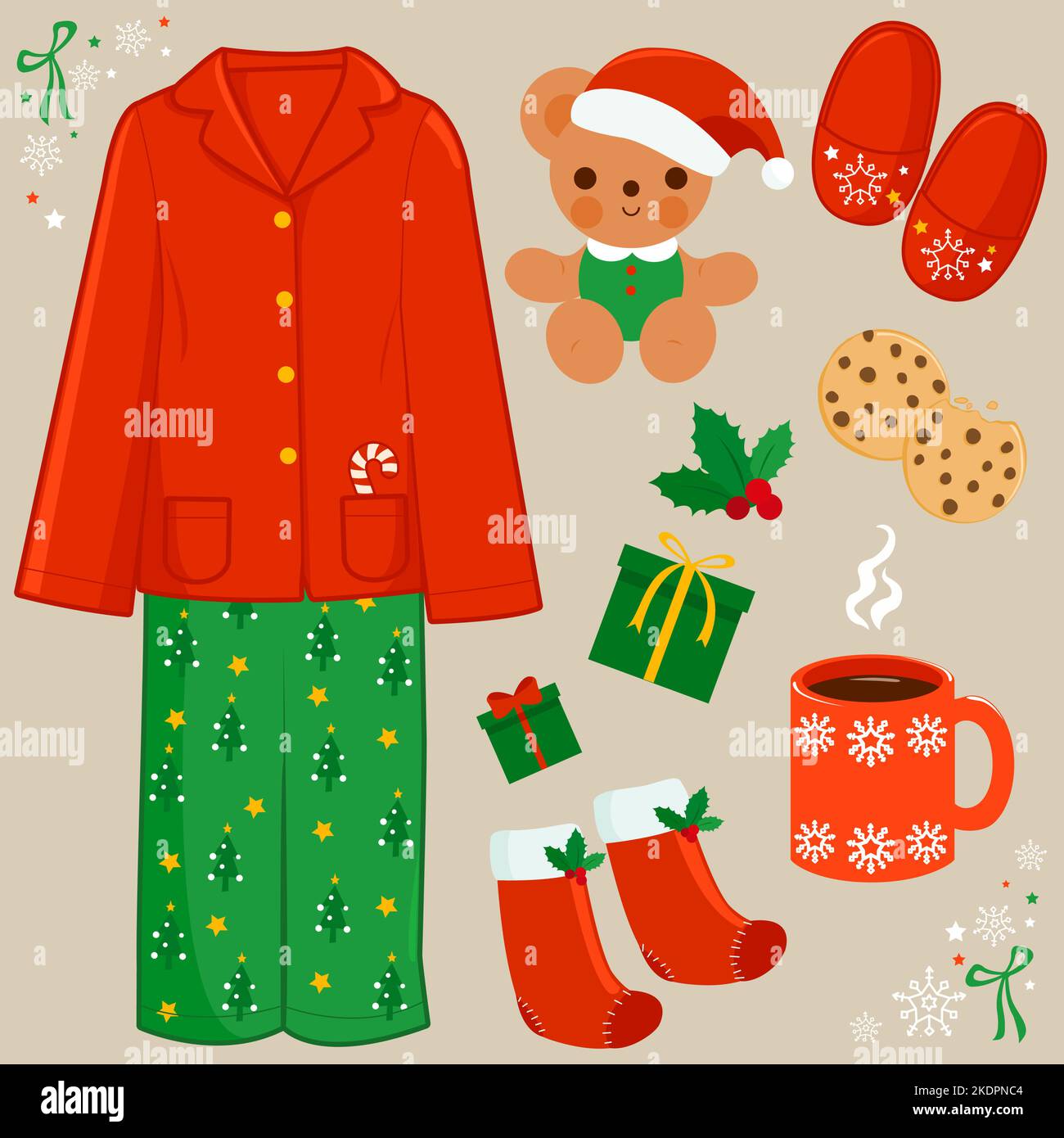 Collection du matin de Noël avec pyjama, chocolat chaud et cadeaux. Illustration vectorielle Illustration de Vecteur