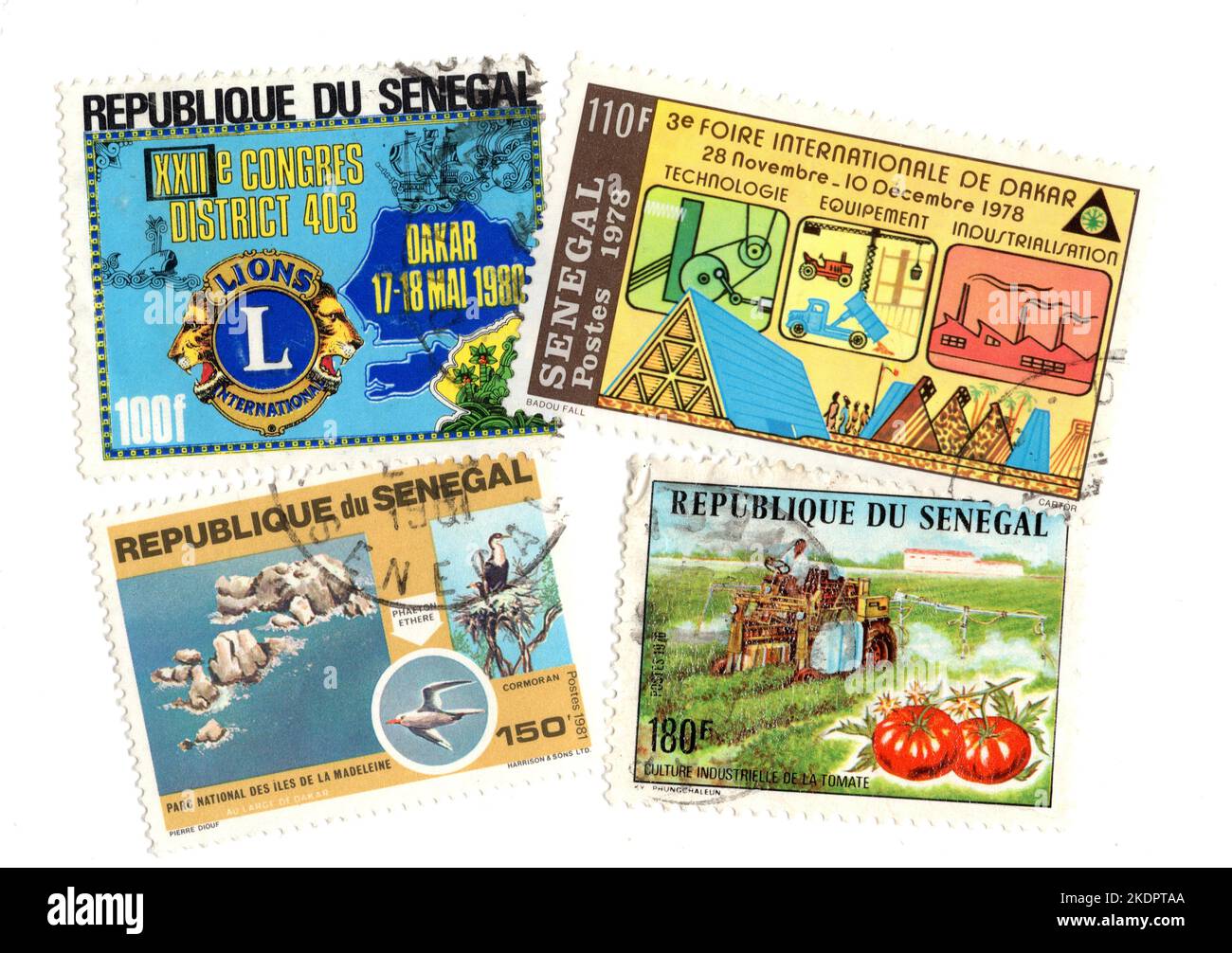 Montage de timbres-poste d'époque du Sénégal sur fond blanc. Banque D'Images