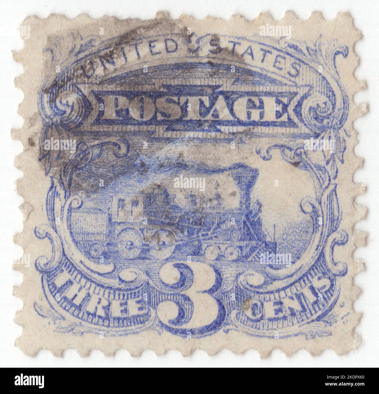 États-Unis - 1869 : timbre-poste ultra-amarré de 3 cents représentant le chemin de fer et la locomotive. Loi du Congrès des États-Unis en 1838 a déclaré que tous les chemins de fer aux États-Unis étaient des chemins de fer postérieurs. La loi a eu un double effet: Elle a augmenté l'utilisation des chemins de fer pour transmettre les mails et limité l'utilisation des cavaliers de poste aux districts postaux qui n'étaient pas sur les routes ferroviaires. Dans les régions du pays qui ne se trouvaient pas sur des chemins de fer, le courrier était transporté par des entrepreneurs, et le transport du courrier par tout autre moyen que par l'eau ou le chemin de fer était appelé un service d'itinéraire en étoile Banque D'Images