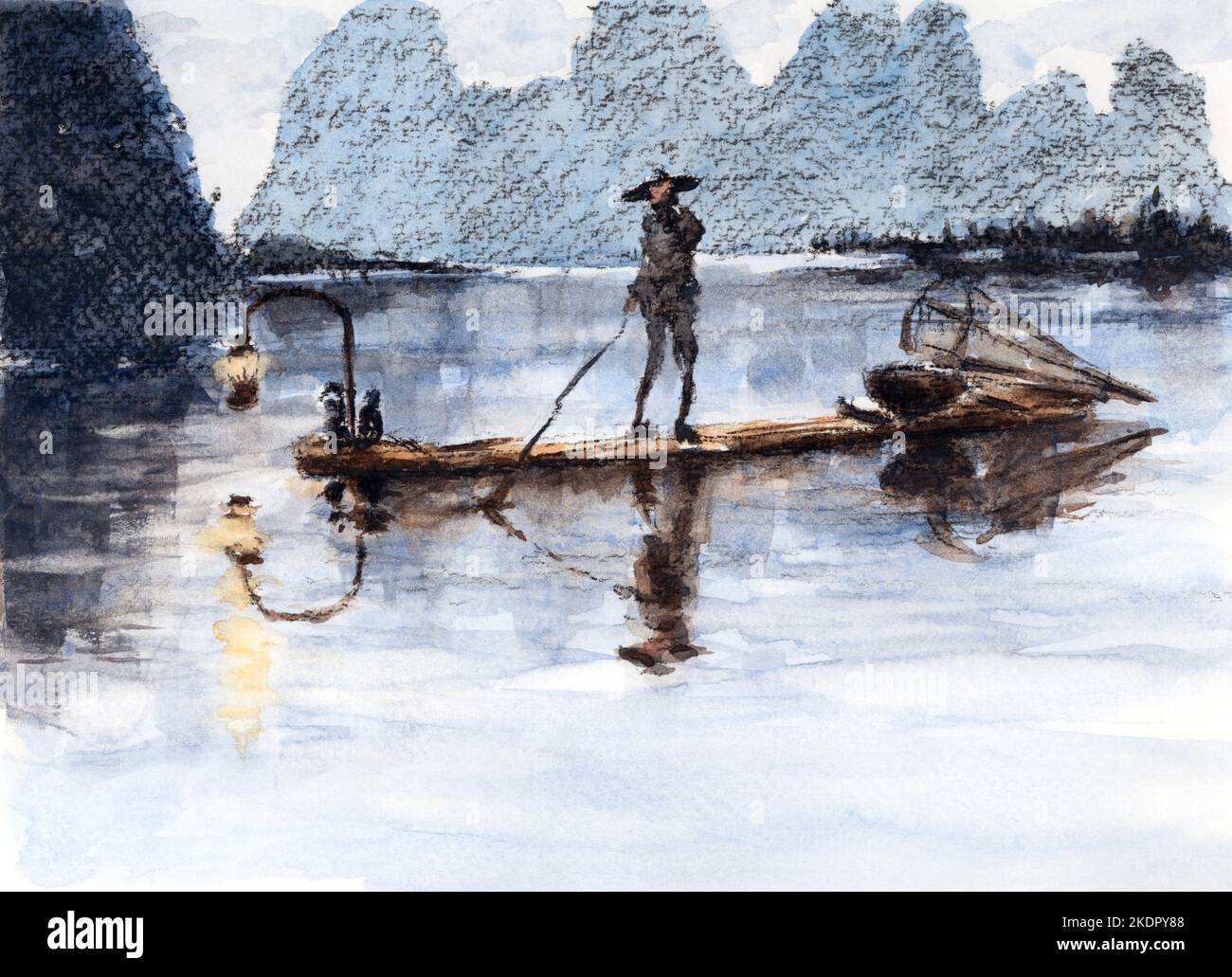 Pêche traditionnelle sur la rivière Li. Charbon et aquarelle sur papier. Banque D'Images