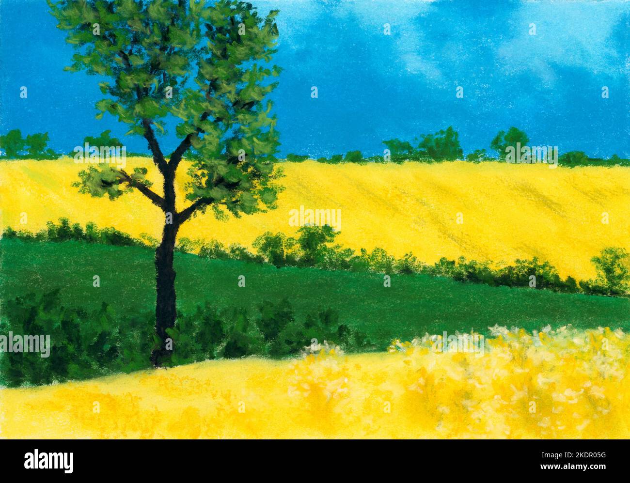 Paysage avec champs et arbre. Pastel sur papier. Banque D'Images