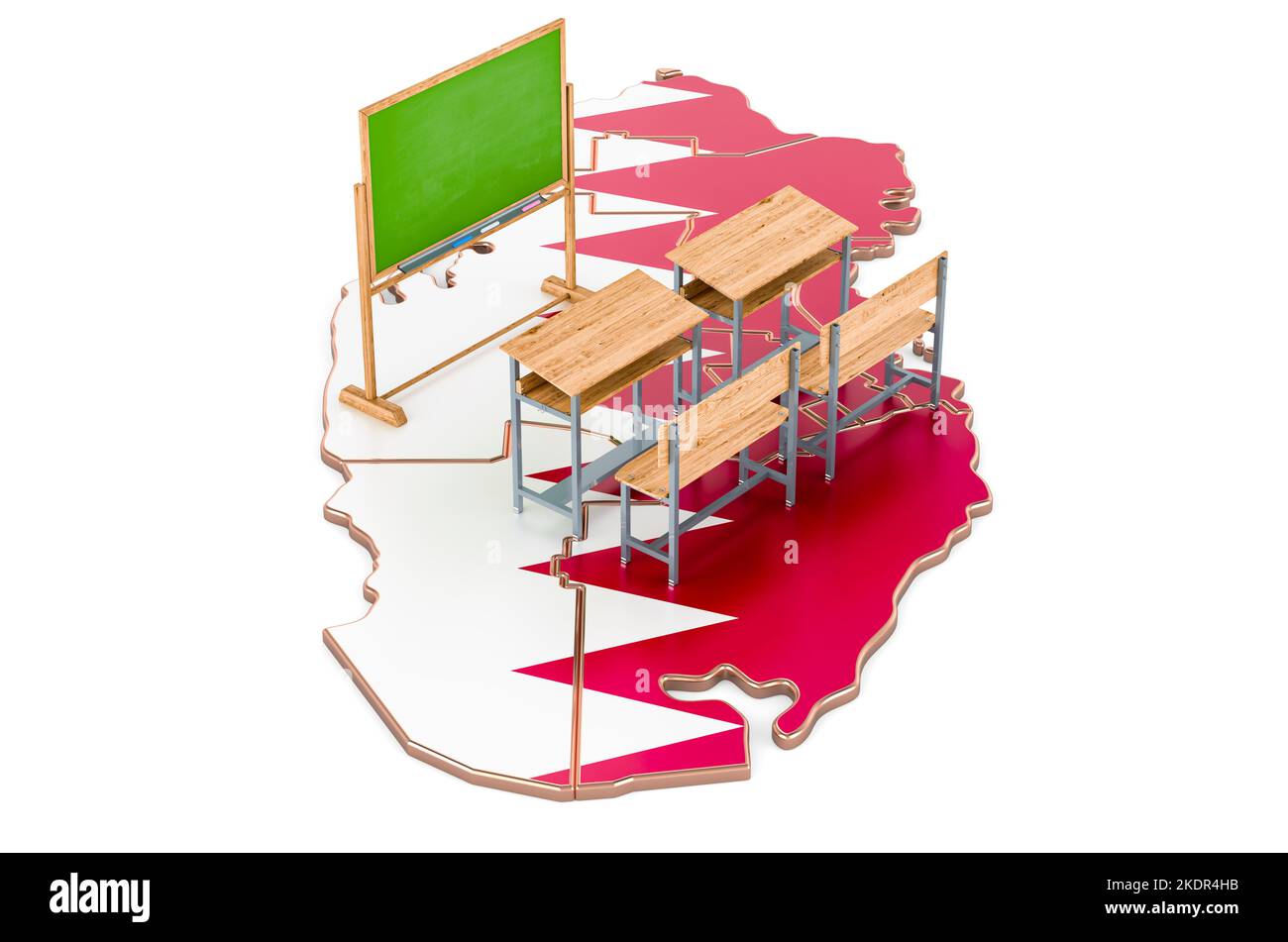 L'éducation au Qatar, concept. Bureaux scolaires et tableau noir sur la carte de Qatari. 3D rendu isolé sur fond blanc Banque D'Images