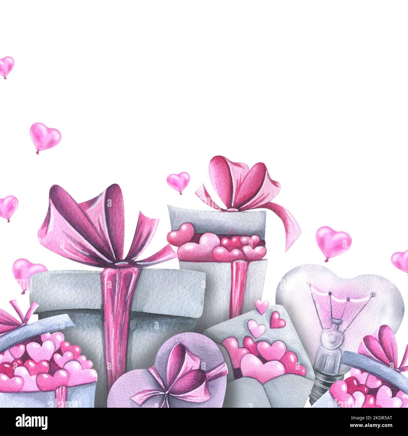 Boîtes-cadeaux avec boucles et coeurs avec une ampoule et une enveloppe. Illustration aquarelle. Bannière de la collection DE LA SAINT-VALENTIN. Pour la conception Banque D'Images