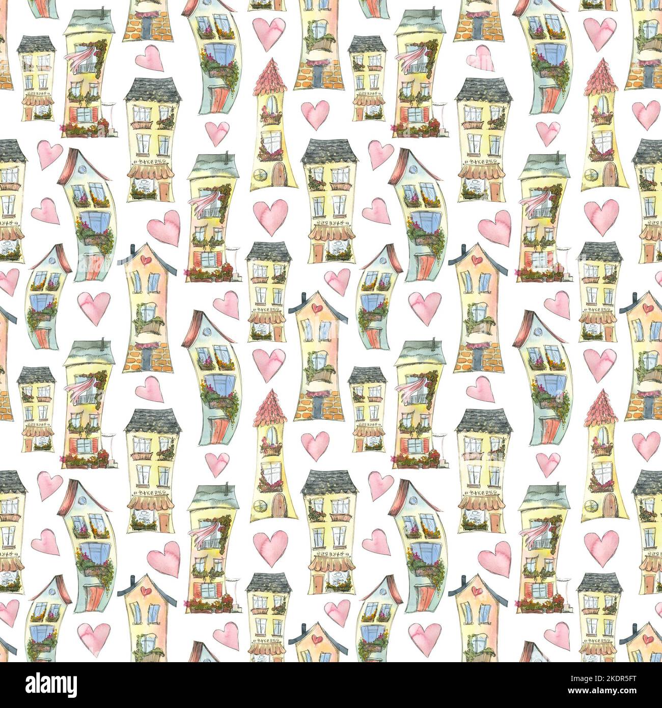Jolies maisons avec coeurs. Illustration aquarelle en style esquisse avec éléments graphiques provenant d'un grand ensemble de PARIS. Motif sans couture. Pour le tissu Banque D'Images
