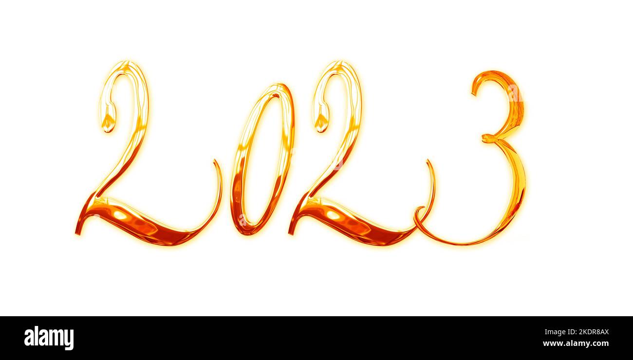 2023, vœux du nouvel an, élégant brillant 3D lettres en métal doré isolées sur fond blanc Banque D'Images