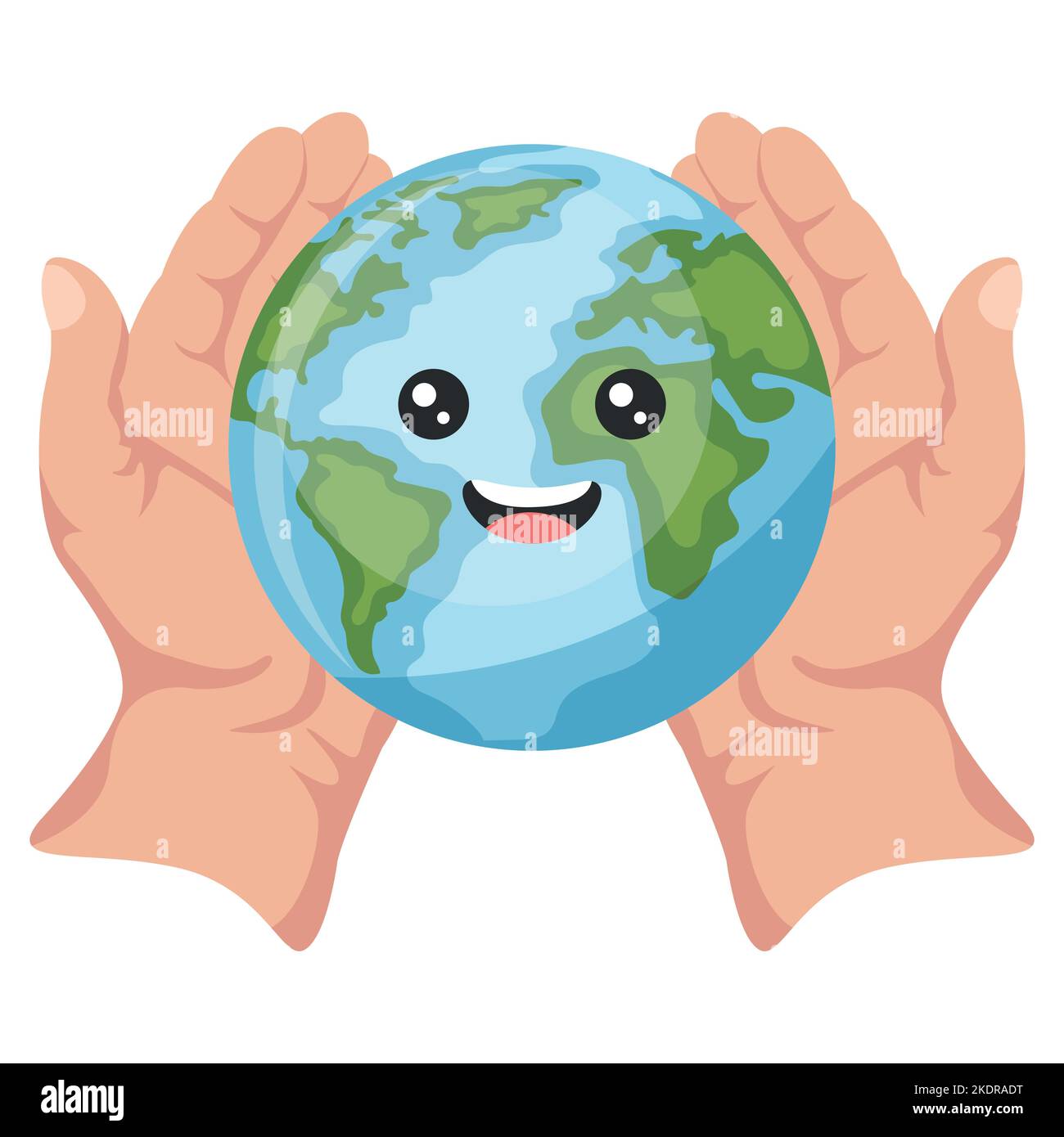 Conception de mains ouvertes tenant la planète Terre caricature pour le jour de la terre, la journée nationale de prévention de la pollution, la journée mondiale de l'environnement. Concept de prévention Illustration de Vecteur