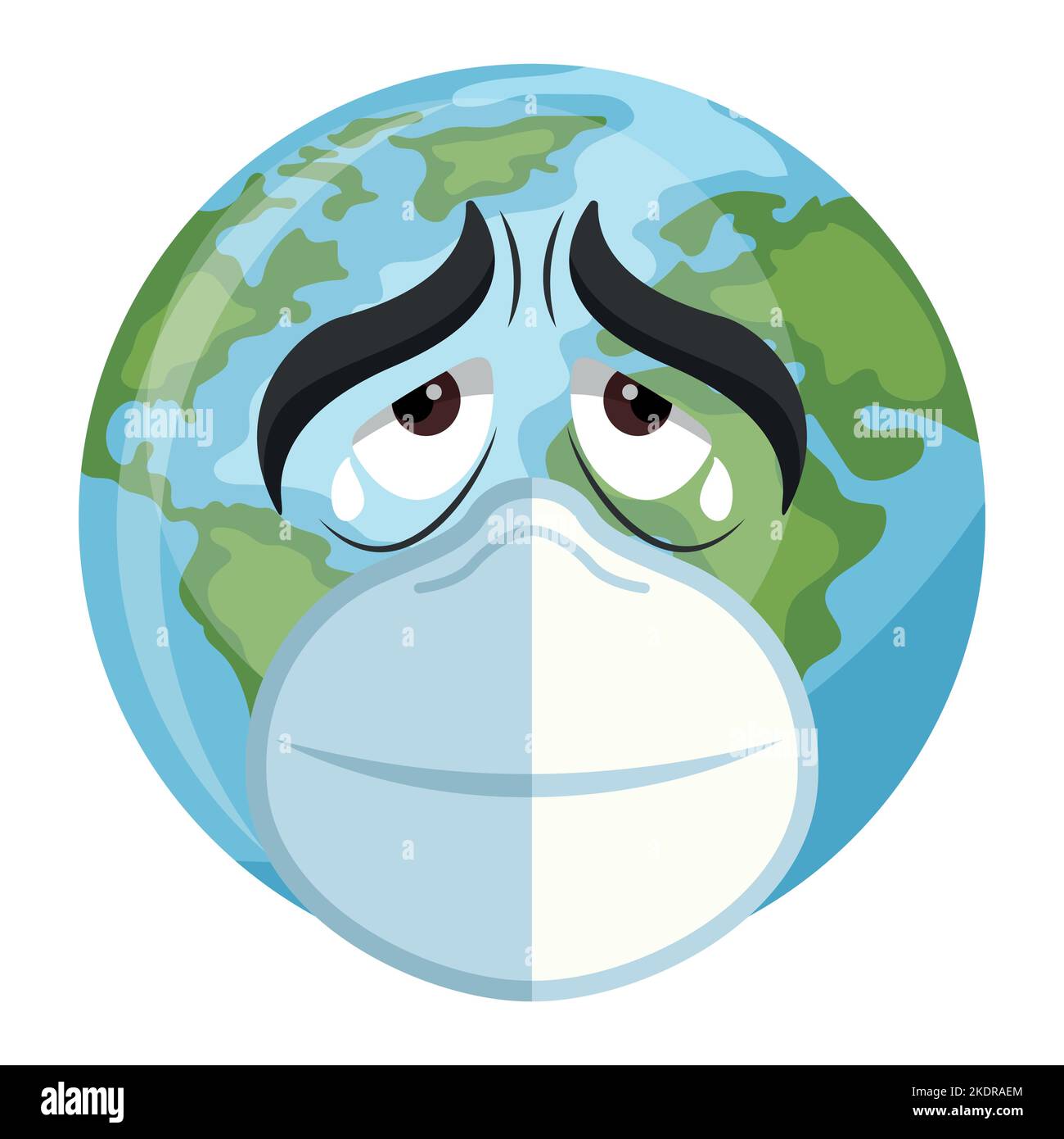 Dessin du dessin de la planète Terre Cartoon Sad avec masque pour le jour de la Terre, Journée nationale de la prévention de la pollution, Journée mondiale de l'environnement. Concept de prévention contre l'envir Illustration de Vecteur