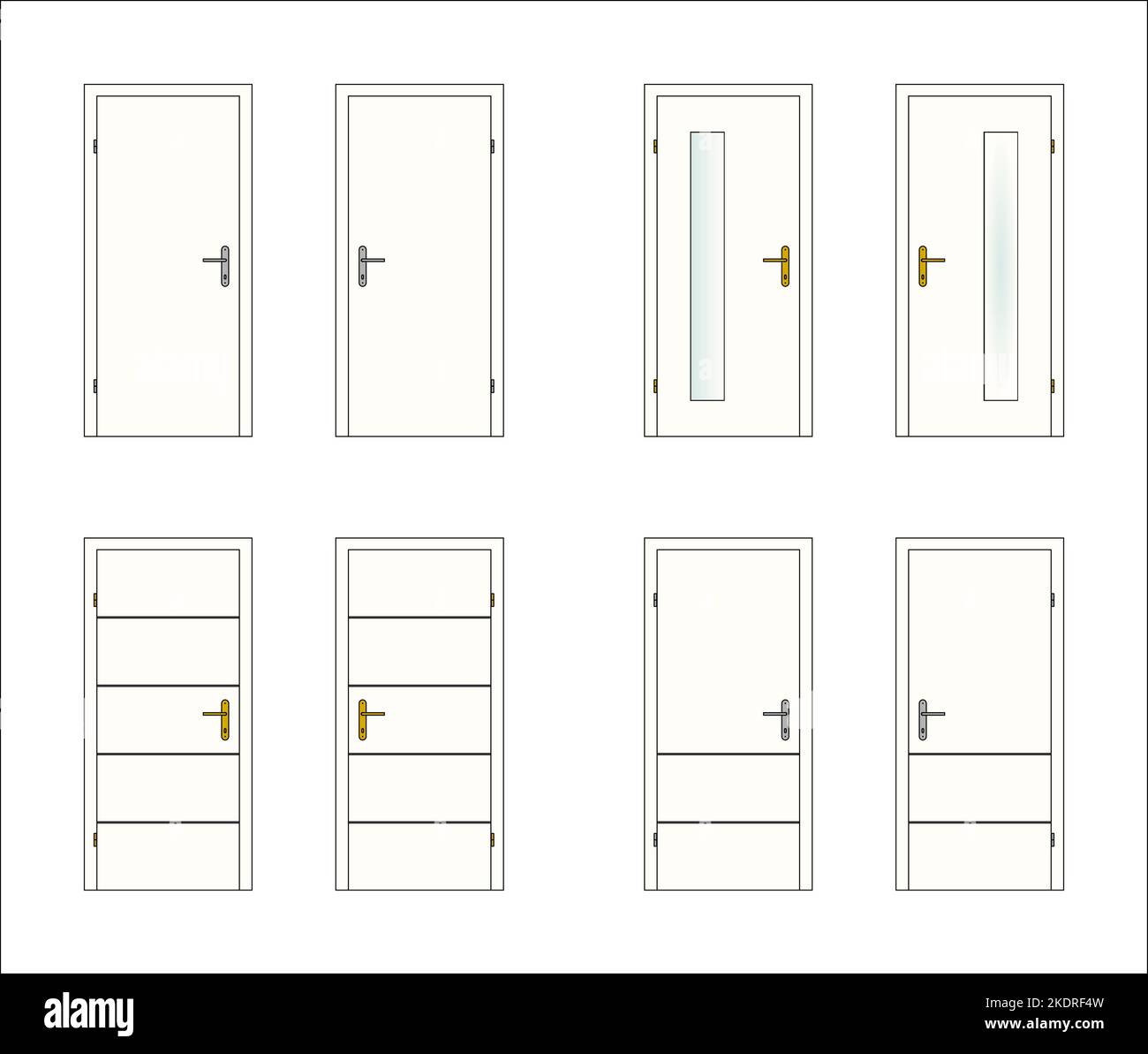 8 portes, blanches, avec ferrures de portes en verre, laiton et métal, vector Illustration de Vecteur