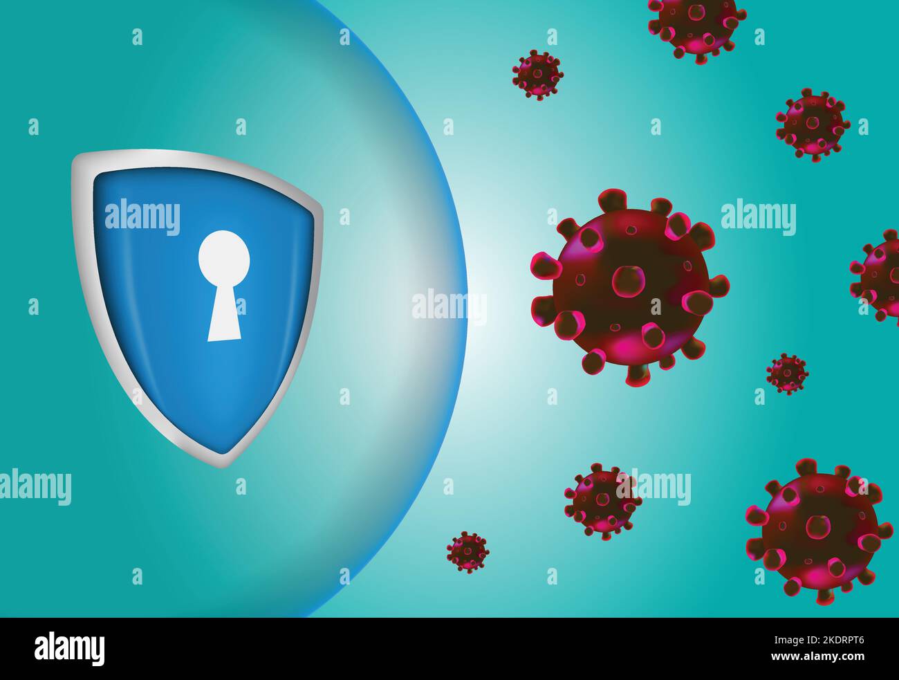 Protection contre les virus avec concept de bouclier, protection de sécurité pour la protection contre les virus. Blindage vectoriel sur fond bleu. Illustration de Vecteur