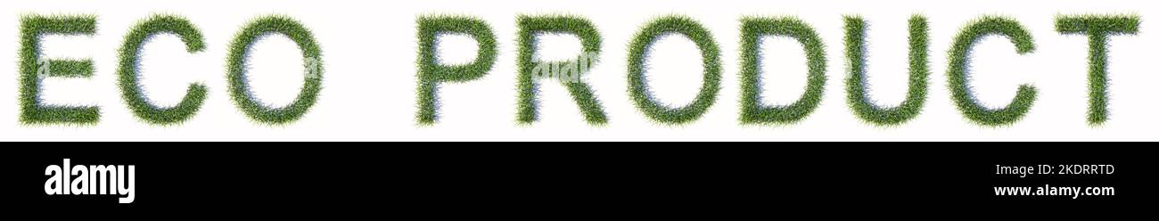 Concept ou conceptuel pelouse verte formant l'herbe ECO TEXTE PRODUIT isolé sur fond blanc. 3d illustration comme métaphore pour organique, naturel, non Banque D'Images