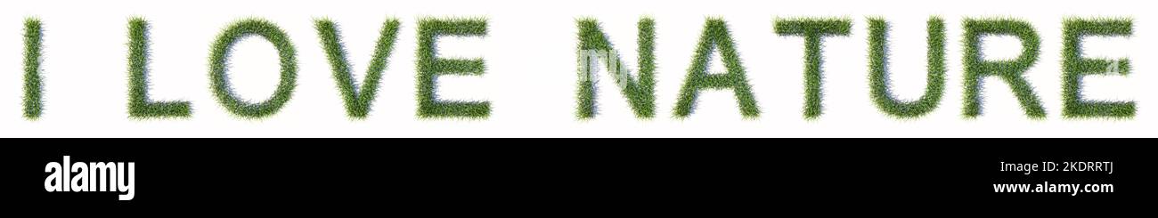 Concept ou herbe de pelouse verte conceptuelle formant le texte de la nature I LOVE isolé sur fond blanc. 3d métaphore d'illustration pour le voyage Banque D'Images