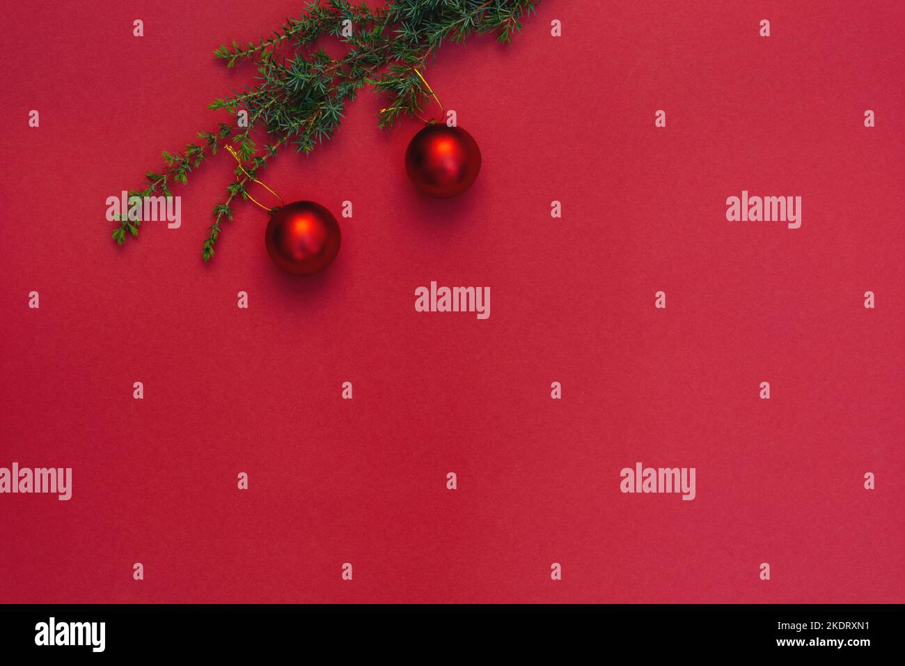 Décorations de Noël rouges sur une branche d'arbre de Noël. Jouets ronds. Style minimaliste. Copier l'espace pour le texte. Pour la publicité ou comme carte de vacances prête à l'emploi. Banque D'Images