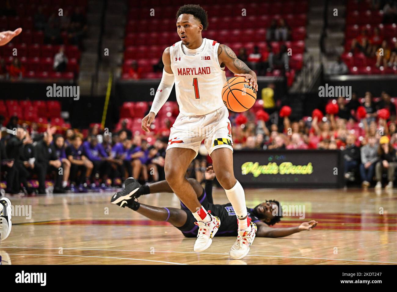 College Park, Maryland, États-Unis. 07th novembre 2022. Le garde des terrapins du Maryland Jahmir Young (1) dribbles le ballon pendant le match de basket-ball NCAA entre les terrapins du Maryland et les aigles pourpre du Niagara au Xfinity Center à College Park, MD. Reggie Hildred/CSM/Alamy Live News Banque D'Images