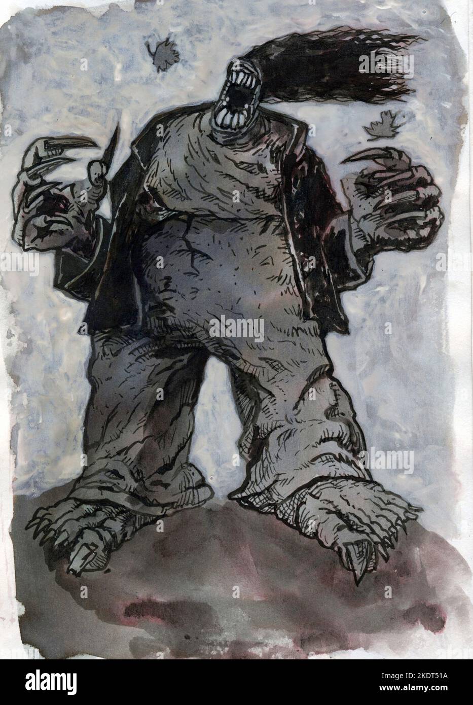 Art dramatique du monstre mythologique Black Annis un bogeyman du folklore anglais, souvent montré comme un hag ou une sorcière avec des griffes de fer qui mange des enfants Banque D'Images