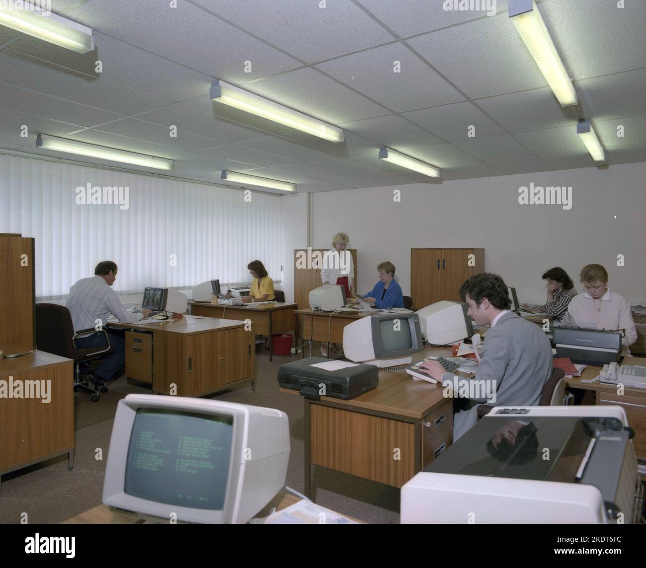 1980s, historique, vue à travers un bureau ouvert de l'époque, hommes et femmes employés travaillant à des bureaux, utilisant de petits ordinateurs de bureau, plus probablement fabriqués par IBM, Angleterre, Royaume-Uni. En tant que moniteurs CRT, ils affichent du texte en vert, comme illustré sur l'image, et sont donc connus sous le nom de terminaux à écran vert. Banque D'Images