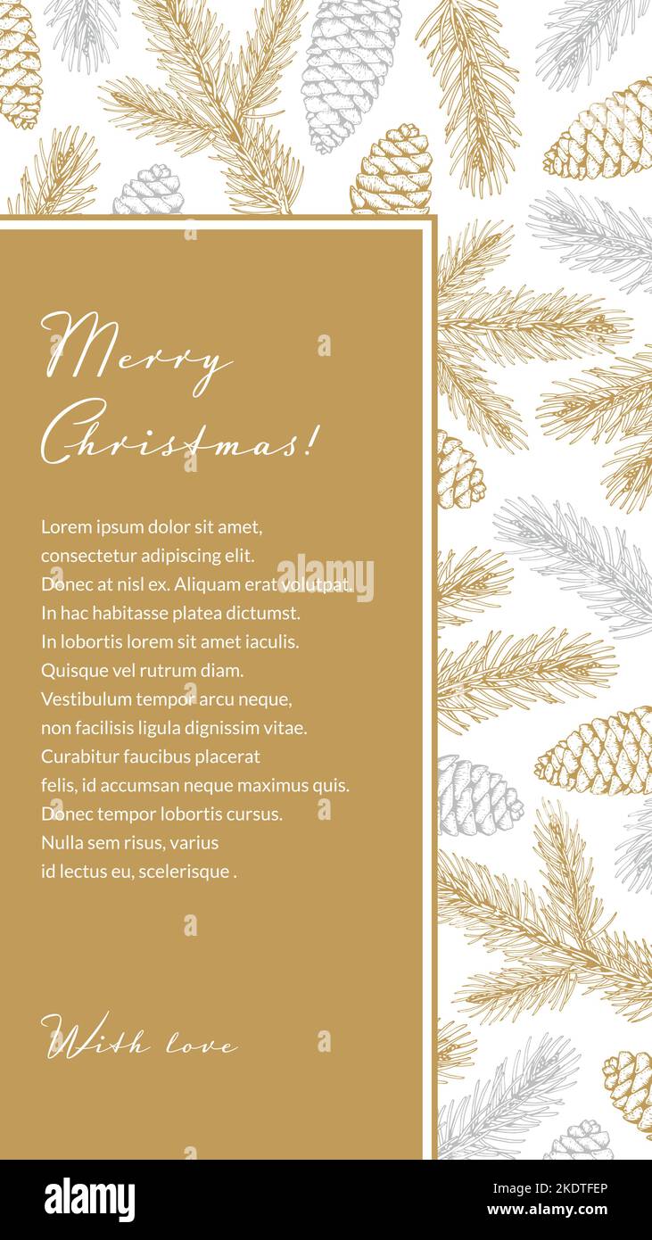 Modèle d'invitation vertical Joyeux Noël et joyeux nouvel an avec branches et cônes dorés à feuilles persistantes dessinés à la main sur fond blanc. Illustration de Vecteur