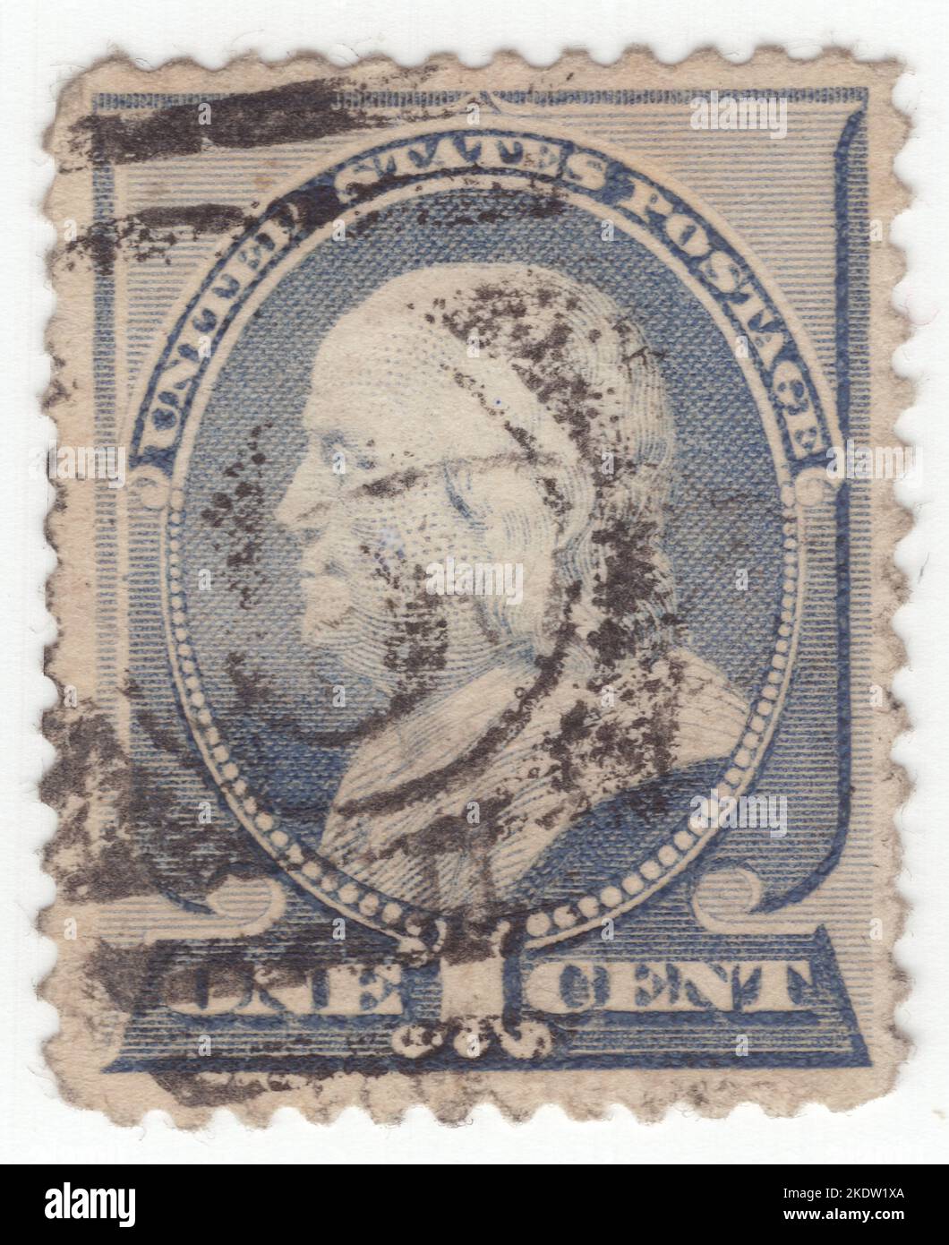 USA - 1887: Timbre-poste 1 cent ultra-bleu représentant le portrait de Benjamin Franklin. Un homme d'État américain qui était actif en tant qu'écrivain, scientifique, inventeur, diplomate, imprimeur, éditeur et philosophe politique. Parmi les principaux intellectuels de son époque, Franklin était l'un des Pères fondateurs des États-Unis, rédacteur et signataire de la Déclaration d'indépendance des États-Unis, et le premier ministre des postes des États-Unis Banque D'Images