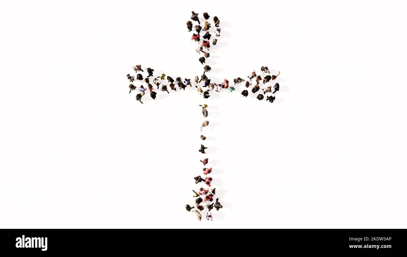Concept ou conceptuel grande communauté de personnes formant l'image d'une croix chrétienne religieuse. Une métaphore d'illustration 3d pour Dieu, Christ, Banque D'Images