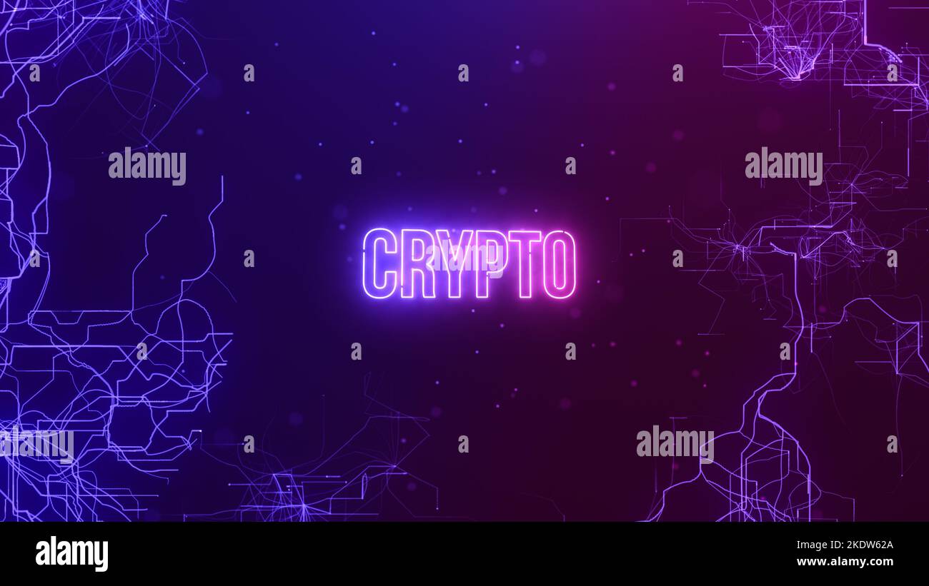 Crypto TECH TEXT néon sur le fond abstrait des données de connexion. Concept de blockchain. Banque D'Images