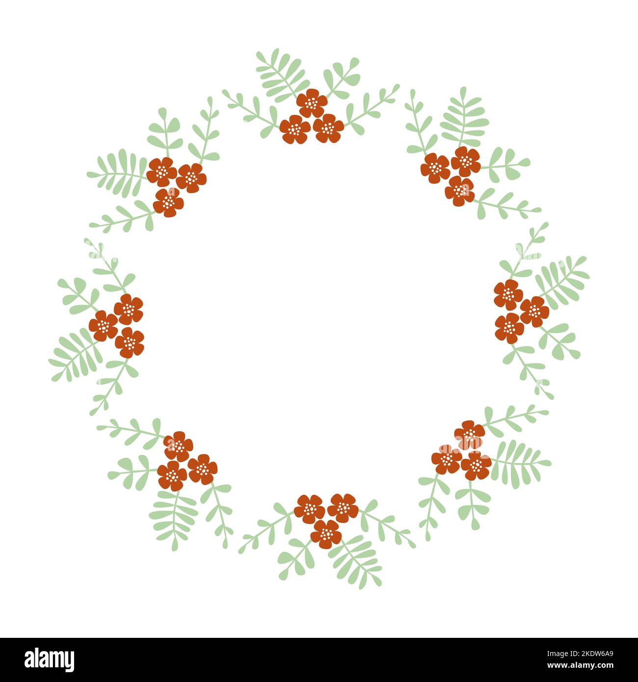 Cadre pour couronne fleurie avec petites fleurs rouges et feuilles vertes Illustration de Vecteur