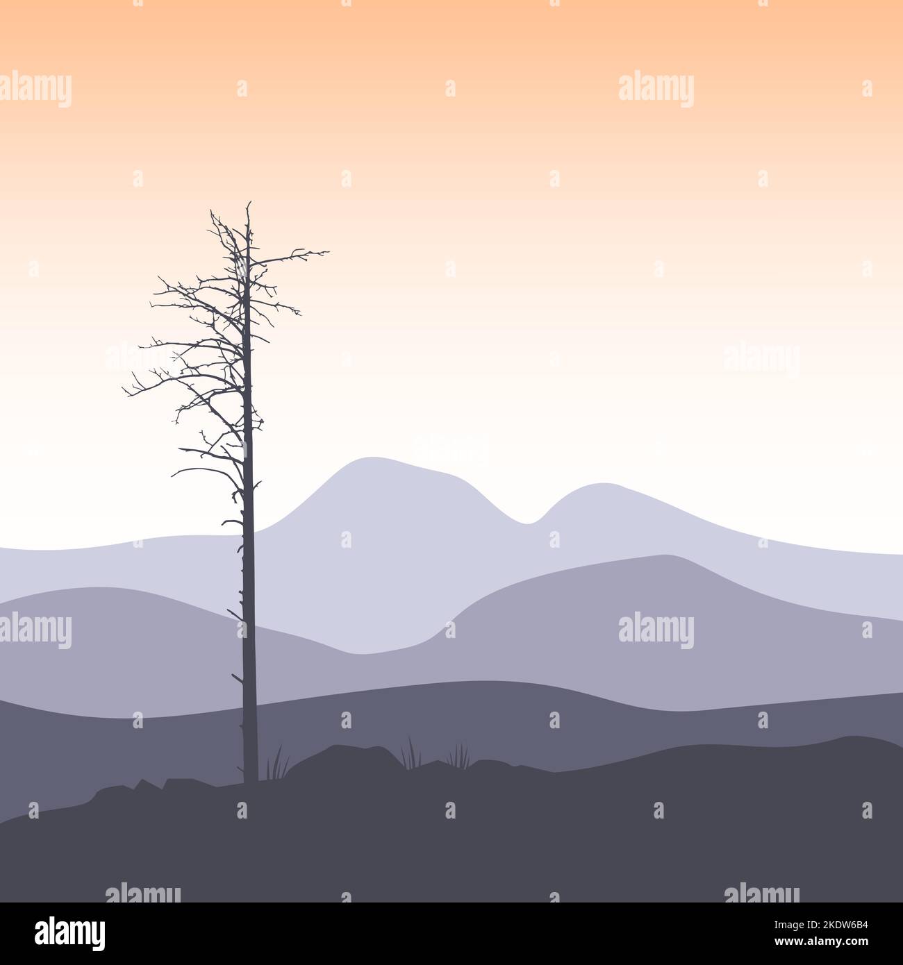 Paysage vectoriel, arbre solitaire sur un fond de montagne Illustration de Vecteur