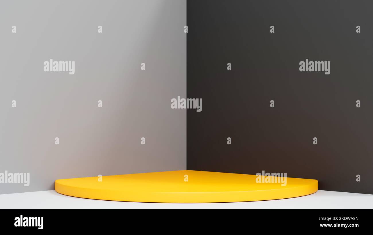 Podium de cylindre jaune avec mur gris, scène pour exposition de produit, rendu 3D. Banque D'Images