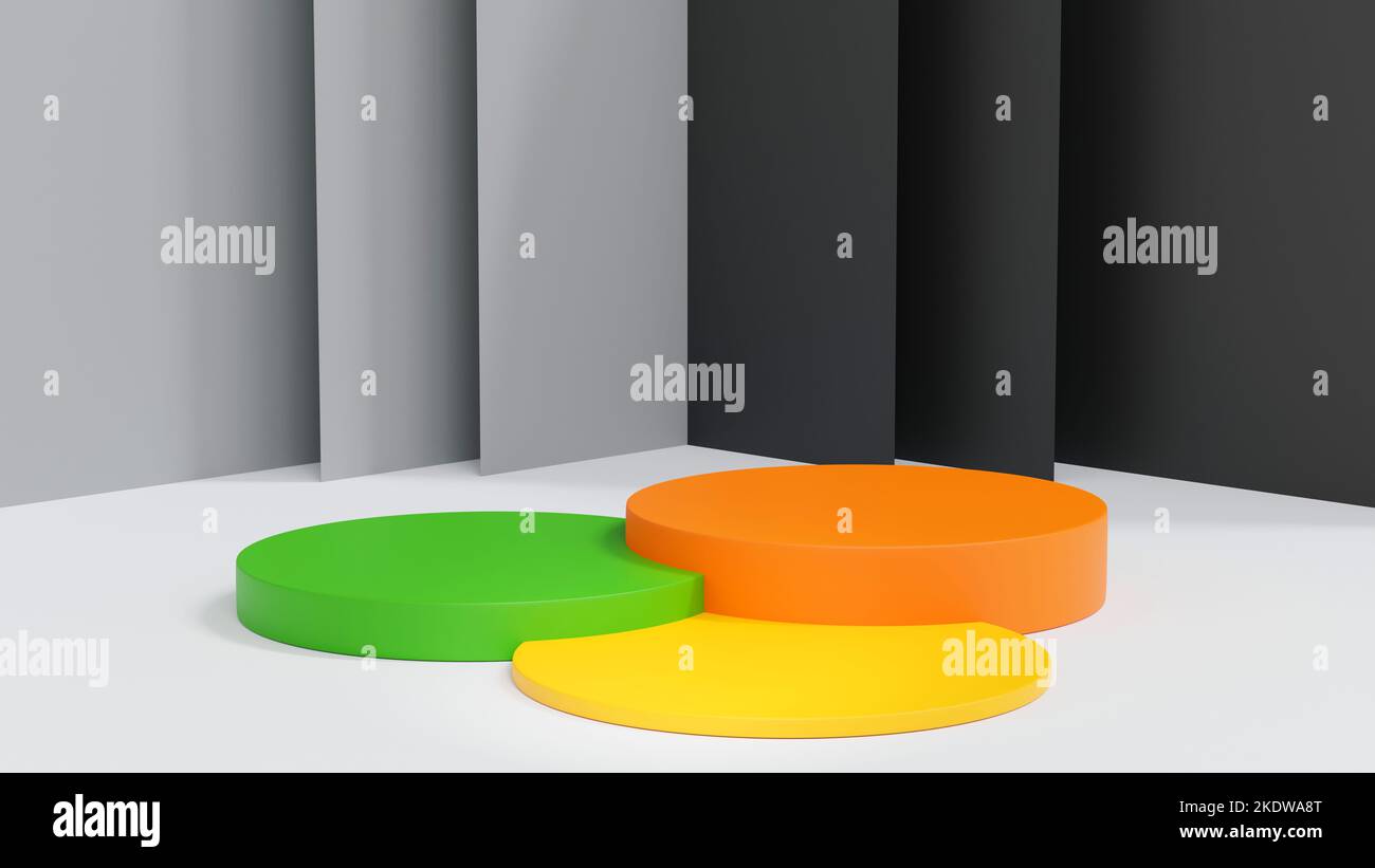 Podium jaune orange et vert avec paroi grise, scène pour l'exposition de produits, rendu 3D. Banque D'Images