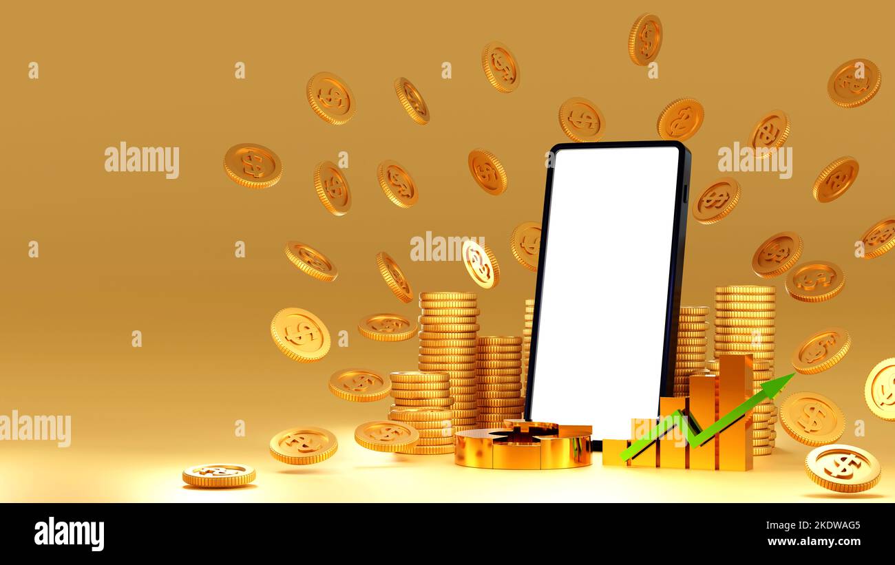 Smartphone et diagramme à barres et pile de pièces d'or, concept de gestion des affaires en ligne avec téléphone mobile. 3D rendu. Banque D'Images