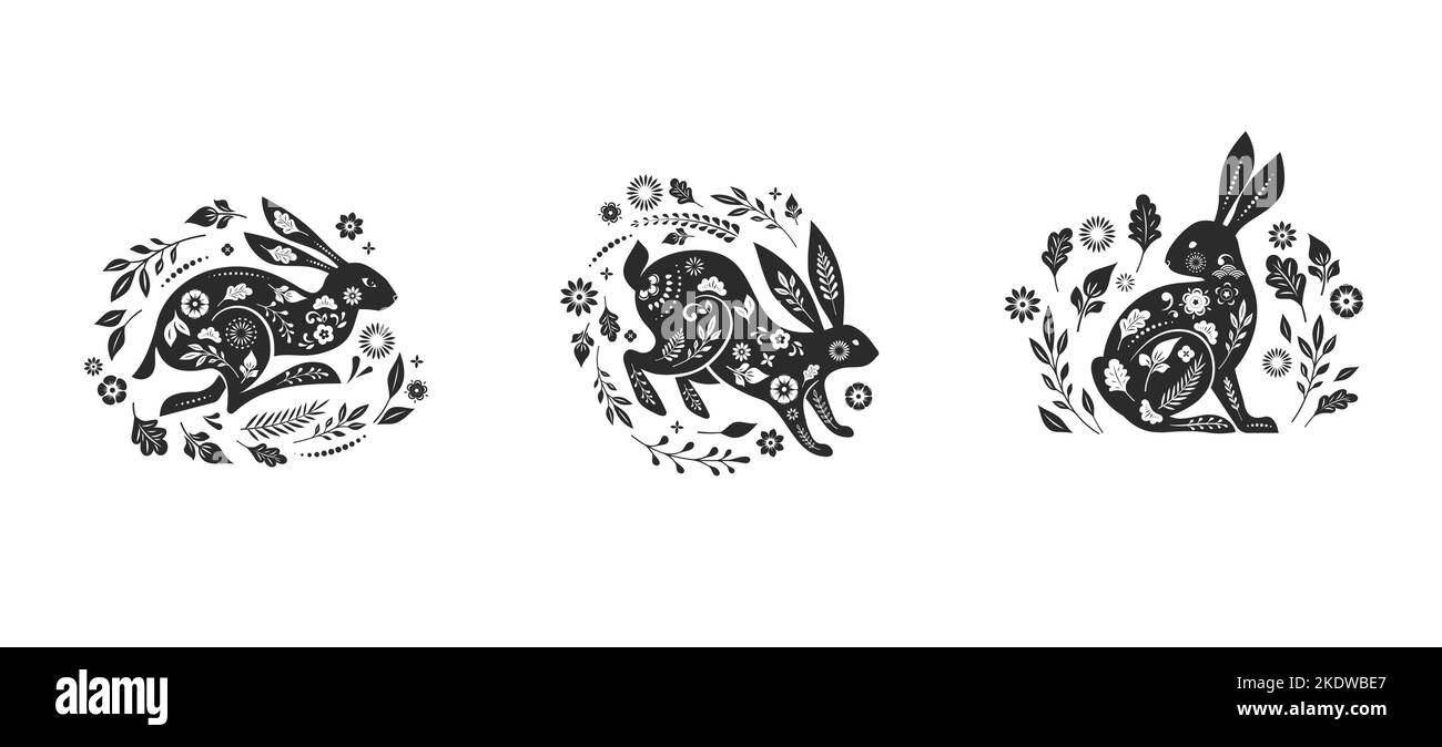 Collection de lapins, lapins illustrations. Nouvel an chinois 2023 année du lapin - ensemble de symboles, illustrations, art chinois traditionnel du zodiaque Illustration de Vecteur