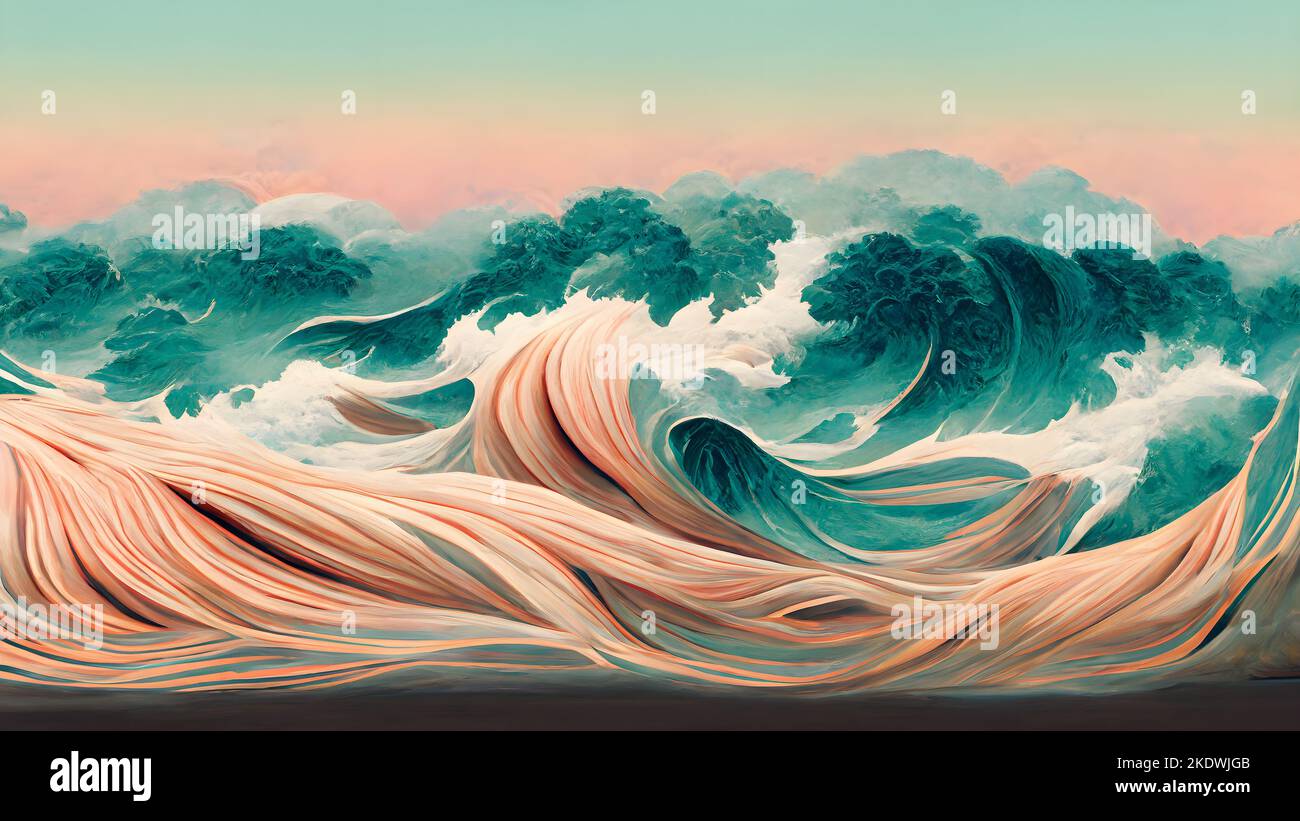 Illustration japonaise des grandes vagues de l'océan comme papier peint (style par Katsushika Hokusai) Banque D'Images