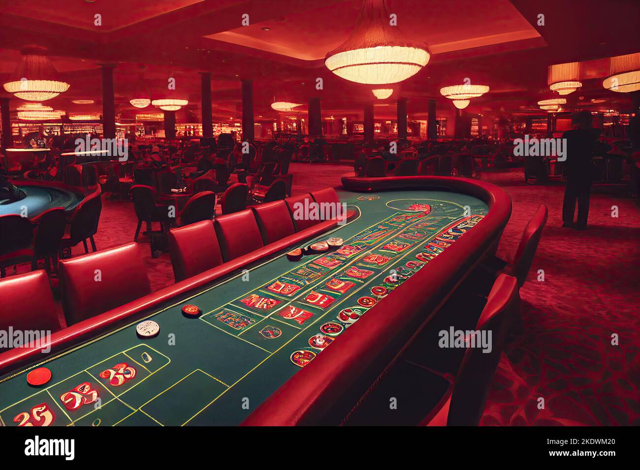 le panorama d'un intérieur contemporain du casino comprend des jetons sur une table verte. Ce mode de vie riche et dépendant du jeu est illustré en 3D Banque D'Images