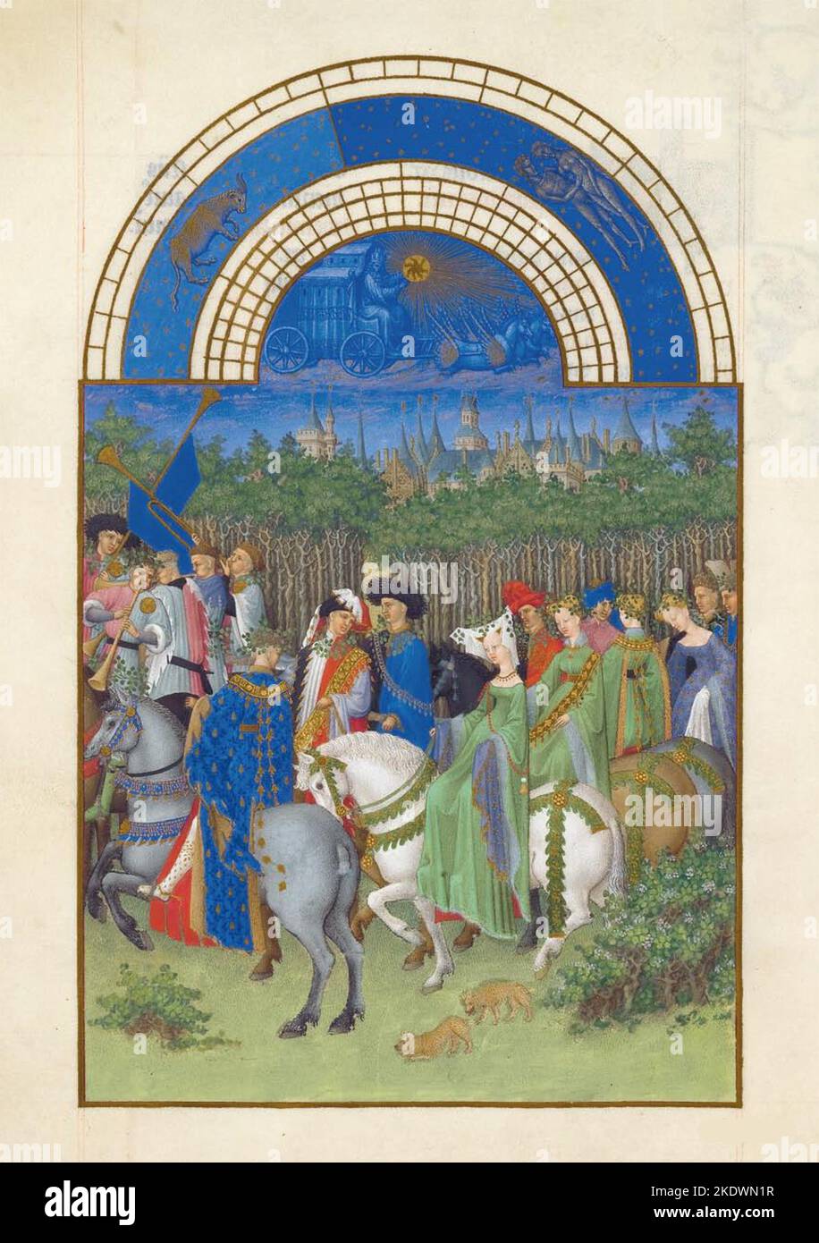 Très riches heures du duc de Berry Folio 5, verso: Mai. Date/période : entre 1412 et 1416. Éclairage. Peinture sur vélin. Hauteur : 22,5 cm (8,8 po) ; largeur : 13,6 cm (5,3 po). Banque D'Images