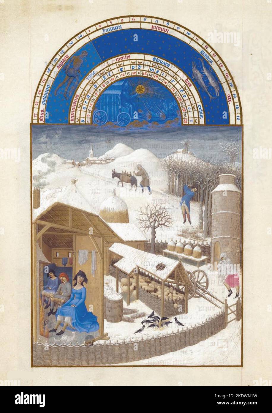 Le Duc de Berry (assis, à droite), février dans la section calendrier des Tres riches heures du Duc de Berry, tempera sur vellum, Limbourg Brothers, c. 1415 ce le Tres riches heures du Duc de Berry est l'exemple le plus célèbre et peut-être le meilleur survivant de l'illumination du manuscrit gothique français, montrant la fin de la phase gothique internationale du style. C'est un livre d'heures: Une collection de prières à dire aux heures canoniques. Banque D'Images