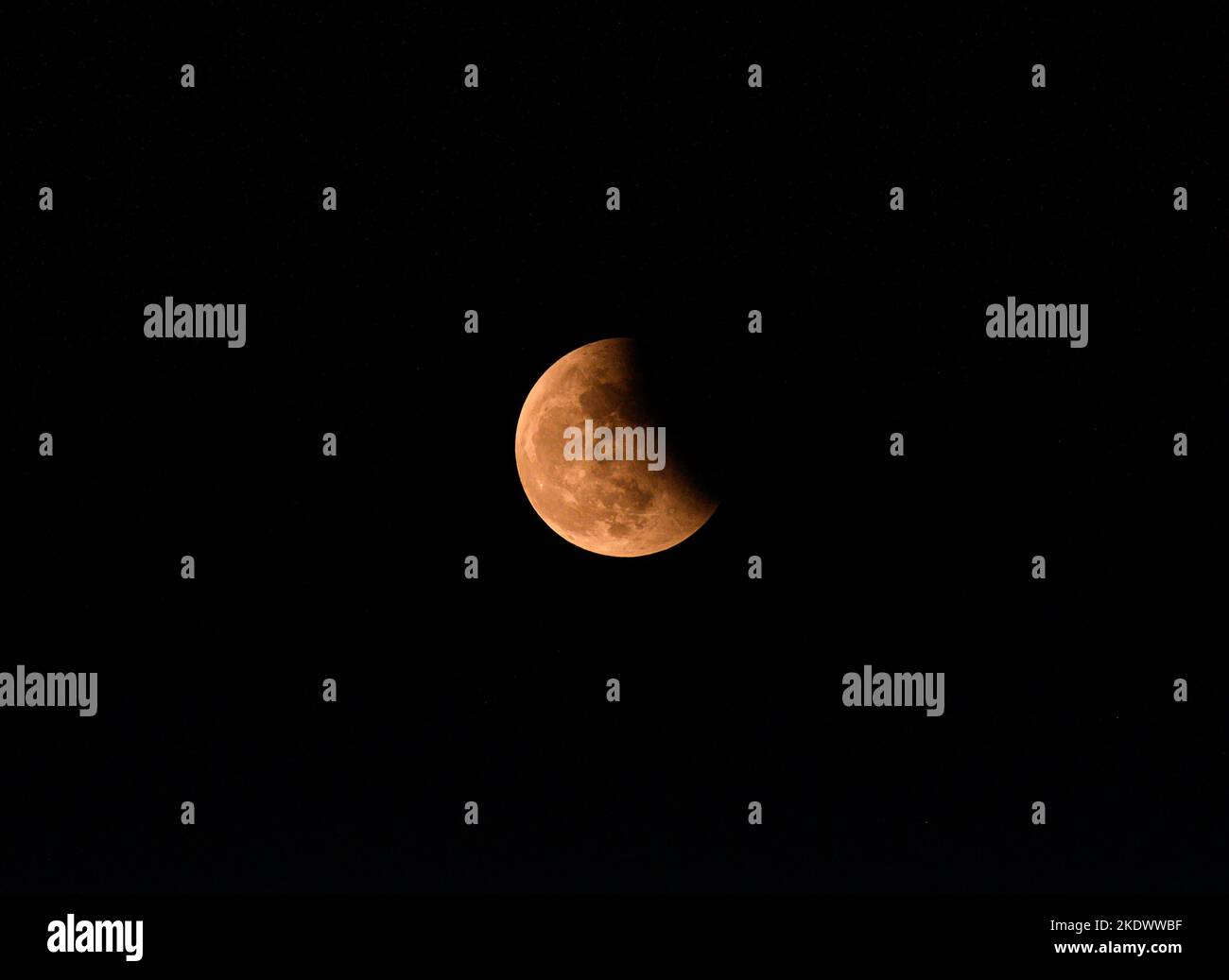 Tehatta, Inde. 08th novembre 2022. L'éclipse lunaire 'la Lune de sang' ou la partie 'Chandra Grahan' a été vue à partir du temps de la lune. L'éclipse lunaire complète (Chandra Grahan) 2022 se termine à 5:11 pm, et l'éclipse lunaire partielle 2022 à 6:19 pm. Des photographies d'éclipses lunaires à différents moments ont été prises du sommet de la plantation de bananes dans un champ ouvert à Tehatta. (Photo de Soumyabrata Roy/Pacific Press) crédit: Pacific Press Media production Corp./Alay Live News Banque D'Images