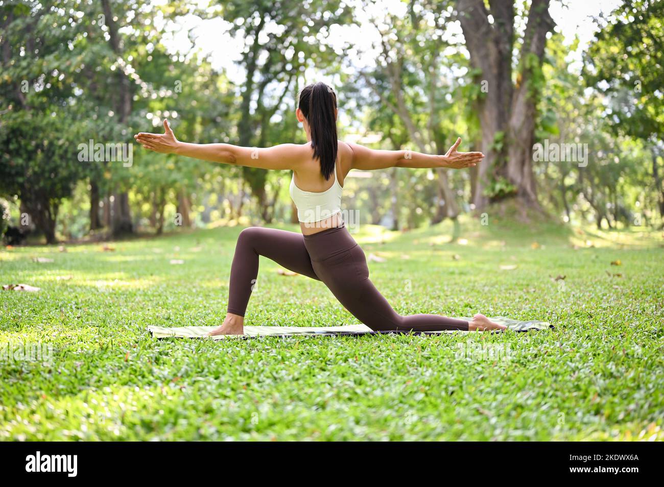Femme asiatique active et ajustée dans l'entraînement de sport dans le parc vert, pratiquant la pose de yoga, faisant Crescent Lunge torsion sur la pose de genou dans son tapis de yoga Banque D'Images