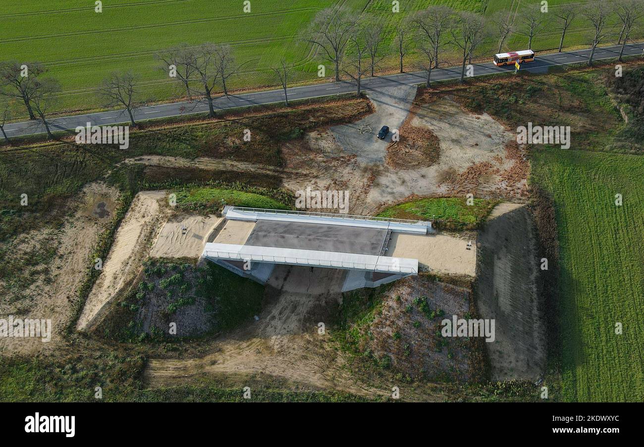 08 novembre 2022, Brandebourg, Cottbus : chantier de construction d'un pont du contournement de Cottbus (vue aérienne avec un drone). Les travaux sur la section de circulation 2nd de la voie de contournement de Cottbus sont en cours depuis le début de 2021. Cela créera la connexion réseau de la section de trafic 1st déjà terminée à l'Autoroute A 15. La section de construction a une longueur d'environ 8,2 kilomètres et s'étend de la jonction de la route nationale 49 avec la route fédérale 168 à la nouvelle jonction de l'Autoroute A 15 au sud-est de Cottbus. Cela donnera à la région une autre jonction d'autoroute. La nouvelle moto Banque D'Images