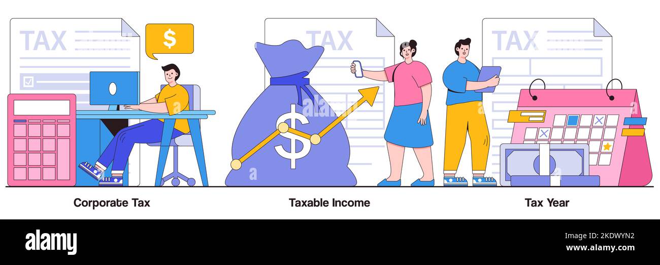 Impôt des sociétés, revenu imposable, année d'imposition concept avec caractère de personnes. Jeu d'illustrations vectorielles abstraites de paiement de taxes. Audit, tenue de livres et Illustration de Vecteur