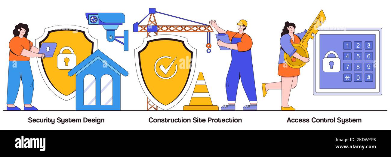 Conception du système de sécurité, protection des chantiers de construction, concept de système de contrôle d'accès autorisé avec caractère personnel. Services de sécurité de la construction i Illustration de Vecteur