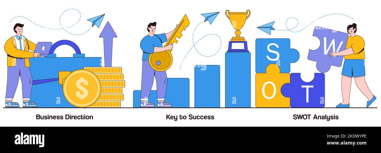 Orientation commerciale, clé du succès, concept d'analyse swot avec caractère personnel. Croissance des bénéfices, réussite professionnelle, points forts et points faibles a Illustration de Vecteur