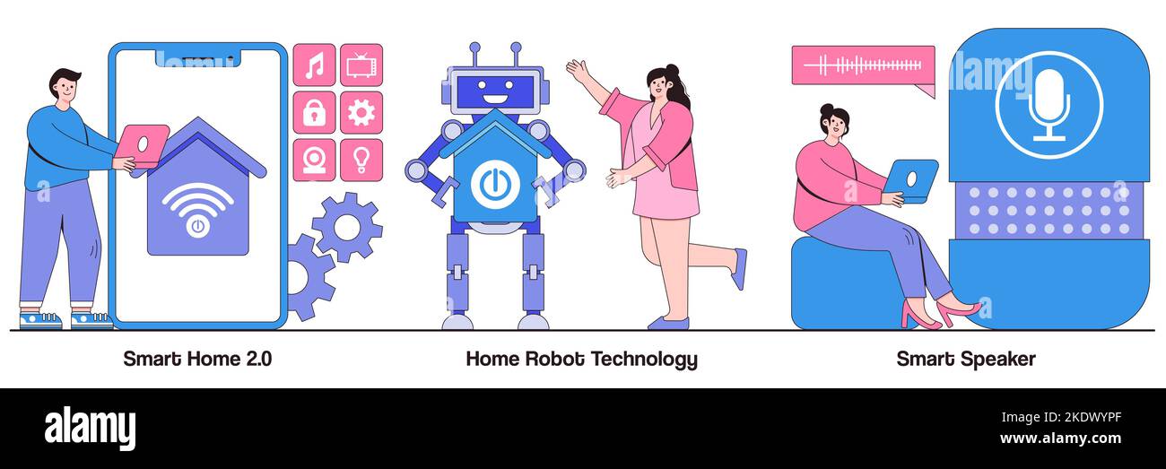 Smart home 2,0, technologie robot domestique, concept d'enceinte à commande vocale avec de petites personnes. Jeu d'illustrations vectorielles Smart Living Environment. nettoyage à vide Illustration de Vecteur