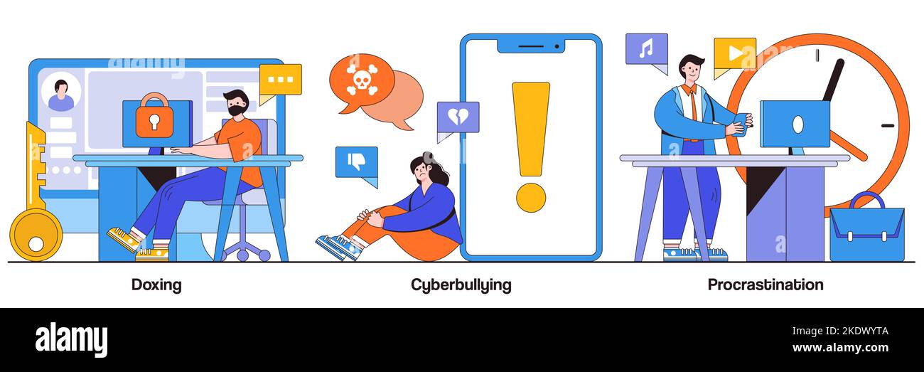 Doxing, cyberintimidation, procrastination concept avec de minuscules personnes. Violation de la vie privée en ligne, problème de harcèlement sur Internet, retard de tâche et paresse résumé Illustration de Vecteur