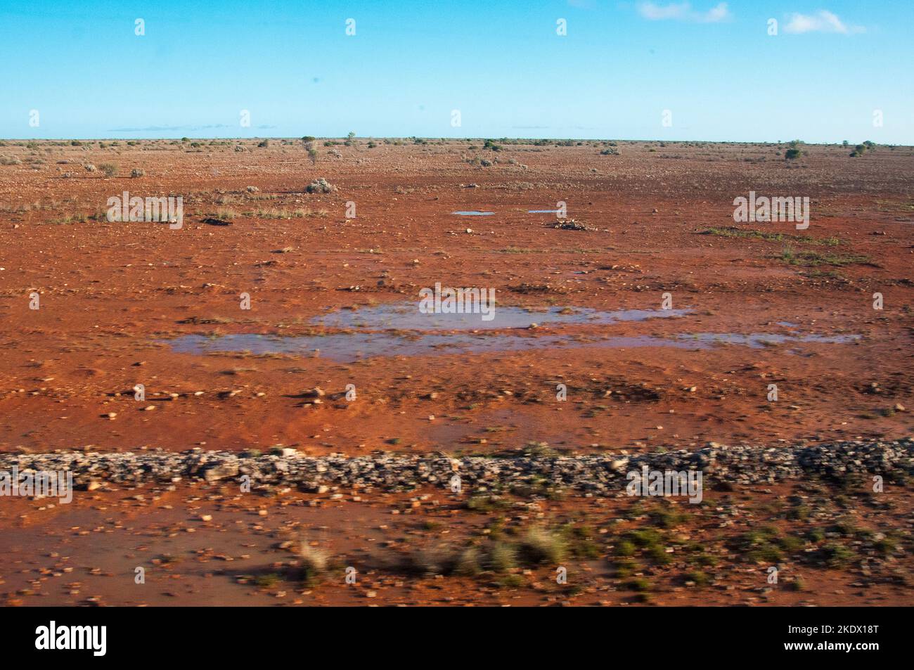 Piscines d'eau de surface restantes après une rare douche de pluie sur la plaine de Nullarbor, Westerm Australie, vue de l'Indian Pacific Railway Banque D'Images