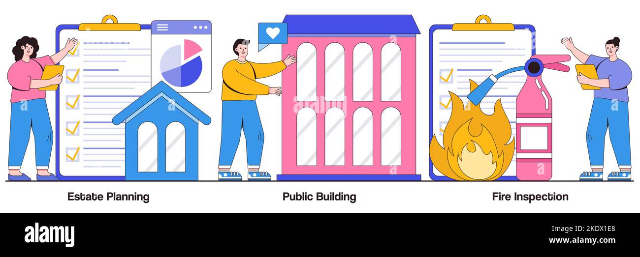 Planification successorale, bâtiment public, concept d'inspection d'incendie avec de minuscules personnes. Jeu d'illustrations vectorielles de maintenance de bâtiment. Design moderne, avocat advi Illustration de Vecteur