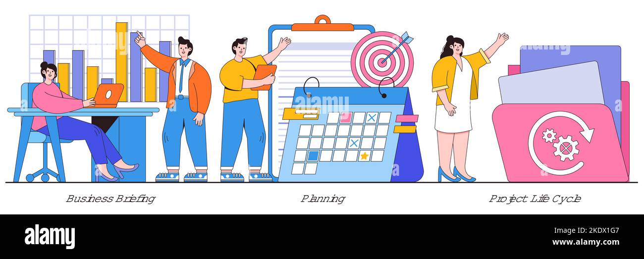 Briefing d'affaires, planification, concept de cycle de vie de projet avec de minuscules personnes. Jeu d'illustrations vectorielles de gestion de projet. Affectation des tâches, analyse de rentabilisation, Illustration de Vecteur