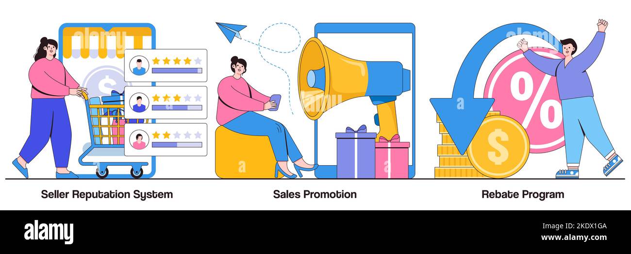 Système de réputation du vendeur, promotion des ventes, concept de programme de remise avec de minuscules personnes. Jeu d'illustrations vectorielles abstraites de commerce électronique. Réduction sur la boutique en ligne Illustration de Vecteur