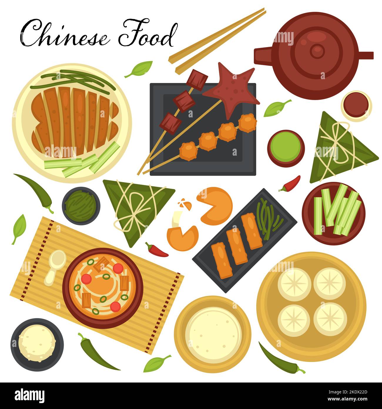 Menu de cuisine chinoise, ensemble de plats et recettes traditionnelles de pays asiatique. Soupes et viandes sur des assiettes servies avec des légumes et des baguettes vector Illustration de Vecteur