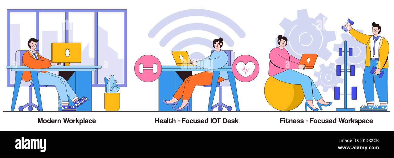 Un lieu de travail moderne, des bureaux IOT axés sur la santé, un concept de style de vie axé sur la forme physique avec le caractère personnel. Jeu d'illustrations vectorielles de bureau modernes. Employé h Illustration de Vecteur