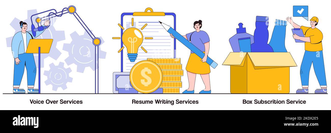 Services voix sur voix, rédaction de CV, concept d'abonnement de boîte avec le personnage de personnes. Jeu d'illustrations vectorielles de travaux en ligne. Production audio et vidéo Illustration de Vecteur
