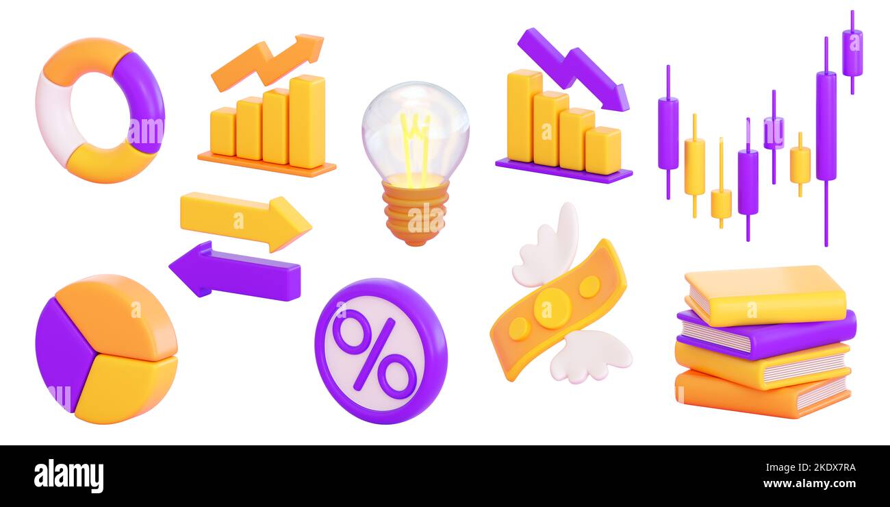 ensemble de 3d icônes finance et affaires. Argent, bourse, investissement d'affaires, négociation et concept de finance. Rendu réaliste 3D de haute qualité Banque D'Images
