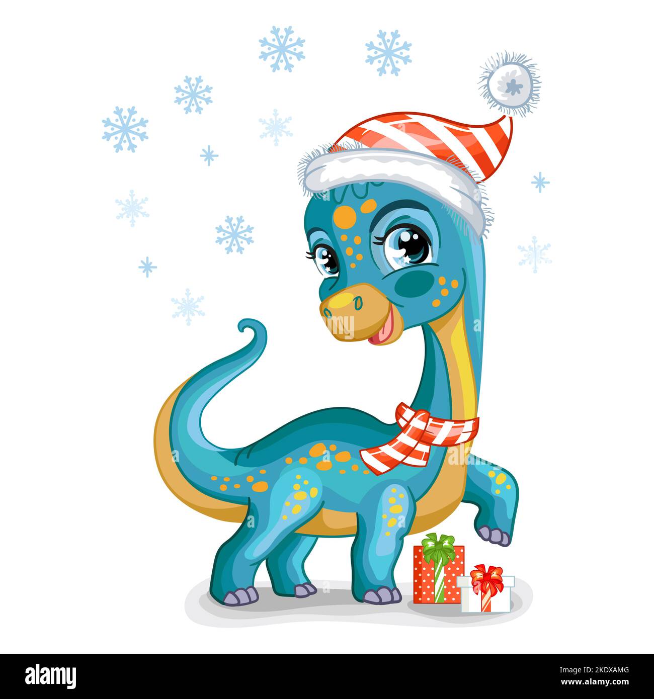 Un petit dinosaure diplodocus avec des cadeaux de noël. Personnage de dessin animé. Illustration vectorielle isolée. Pour l'impression, le design, les affiches, les cartes, les autocollants, déco Illustration de Vecteur